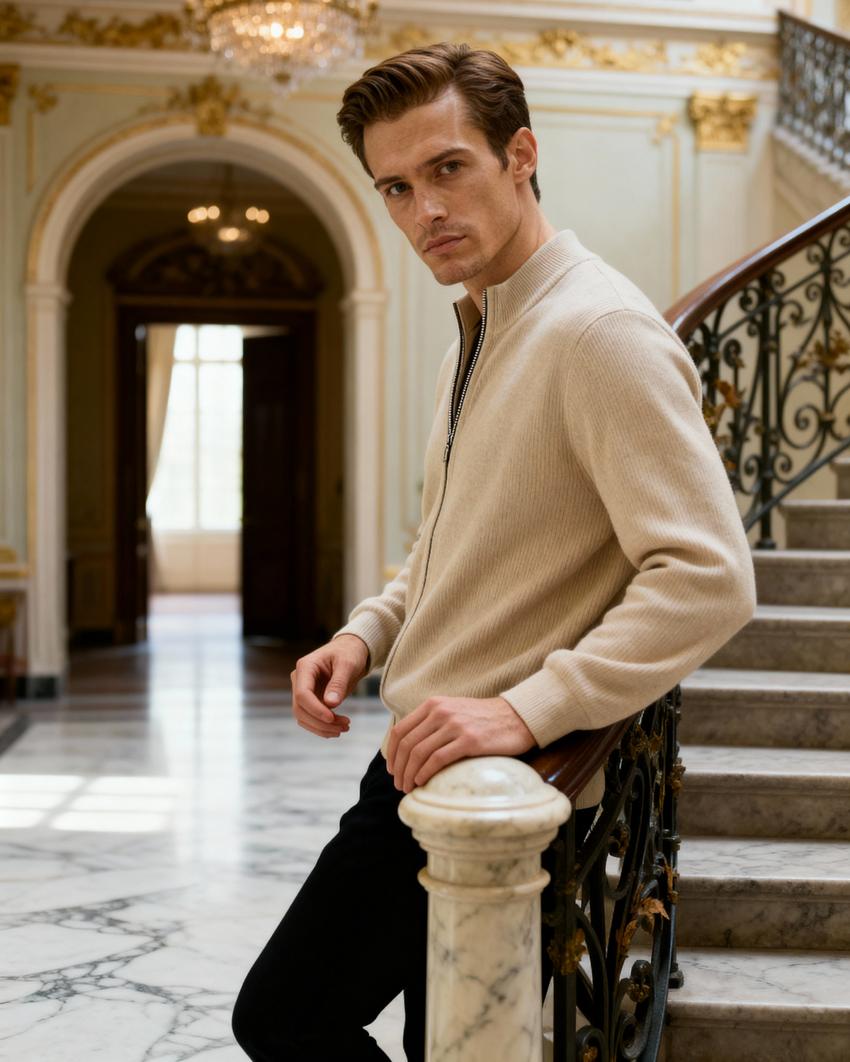 Men's Cashmere Zip Cardigan with Stand Collar and Ribbed Trims - Beige