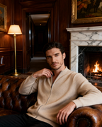 Men's Cashmere Zip Cardigan with Stand Collar and Ribbed Trims - Beige