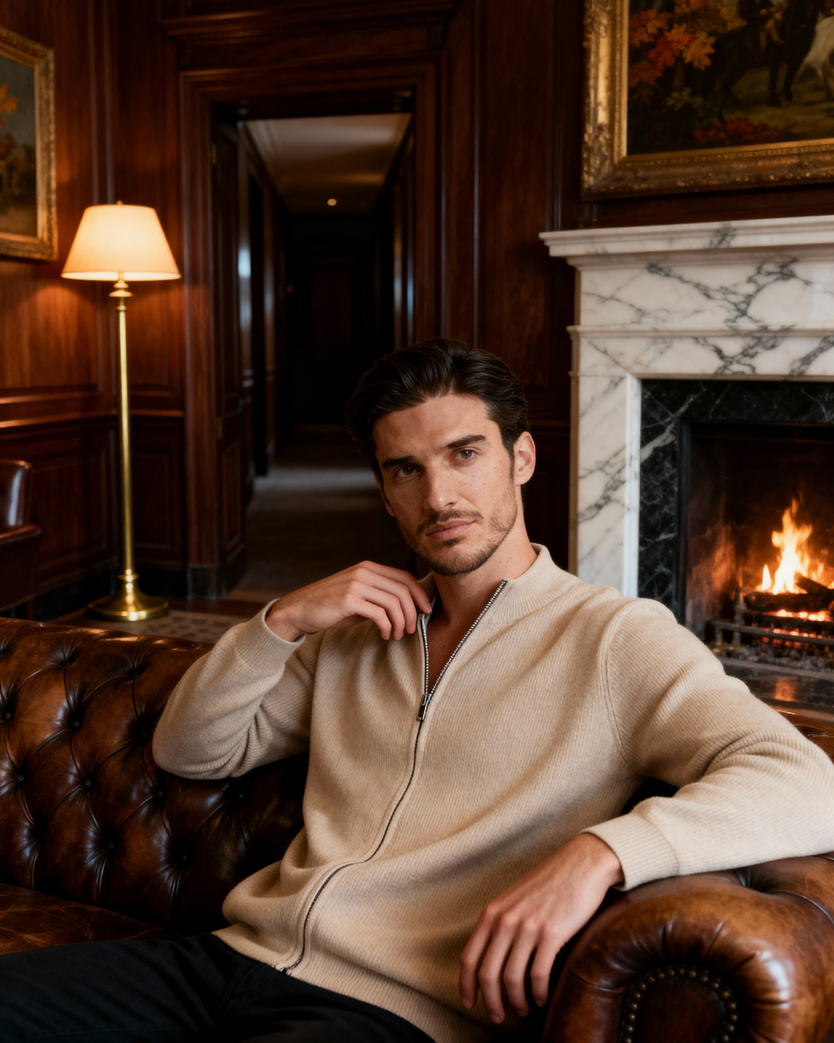 Men's Cashmere Zip Cardigan with Stand Collar and Ribbed Trims - Beige