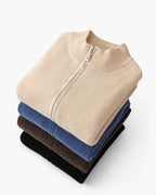 Men's Cashmere Zip Cardigan with Stand Collar and Ribbed Trims