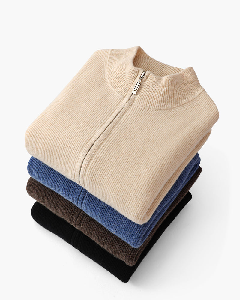 Men's Cashmere Zip Cardigan with Stand Collar and Ribbed Trims