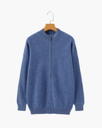 Men's Cashmere Zip Cardigan with Stand Collar and Ribbed Trims - Blue