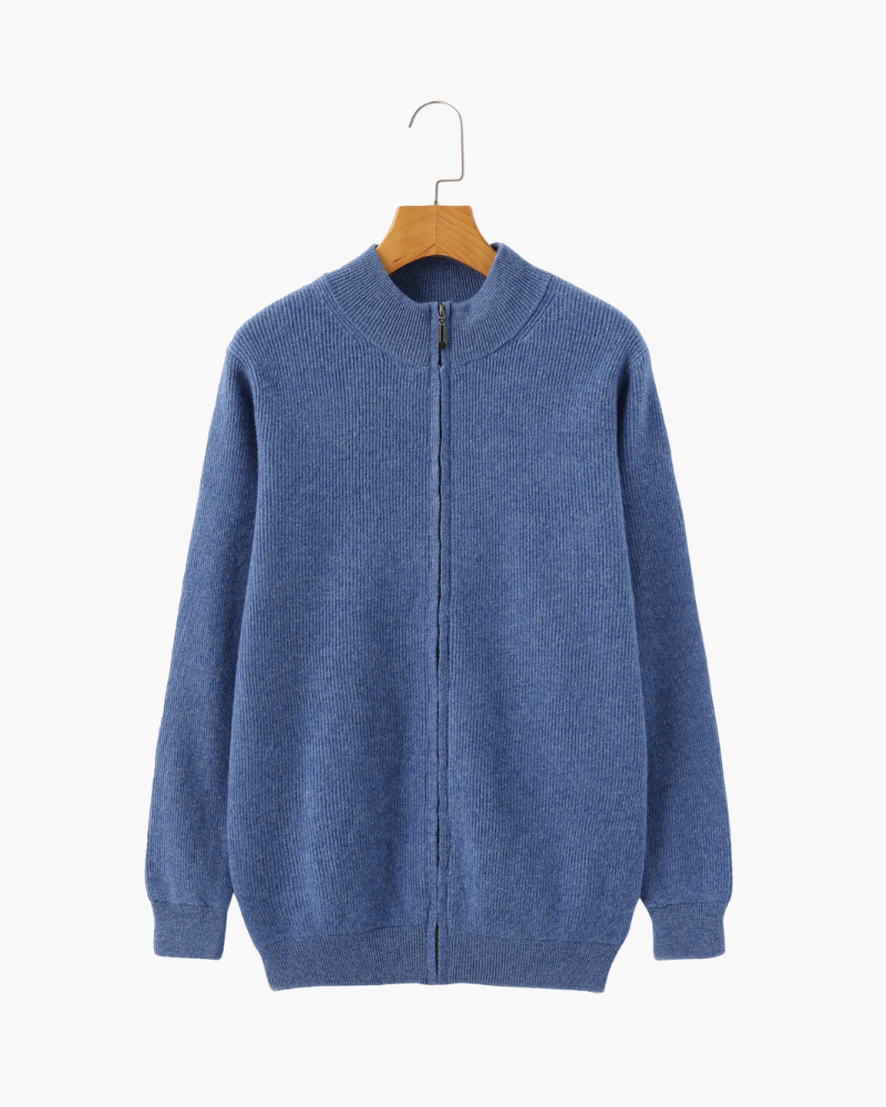 Men's Cashmere Zip Cardigan with Stand Collar and Ribbed Trims - Blue