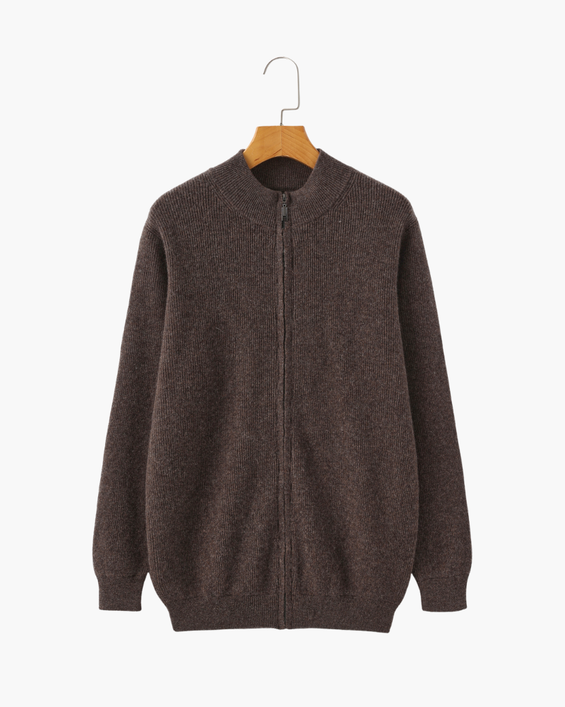 Men's Cashmere Zip Cardigan with Stand Collar and Ribbed Trims - Brown