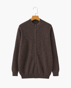 Men's Cashmere Zip Cardigan with Stand Collar and Ribbed Trims - Brown