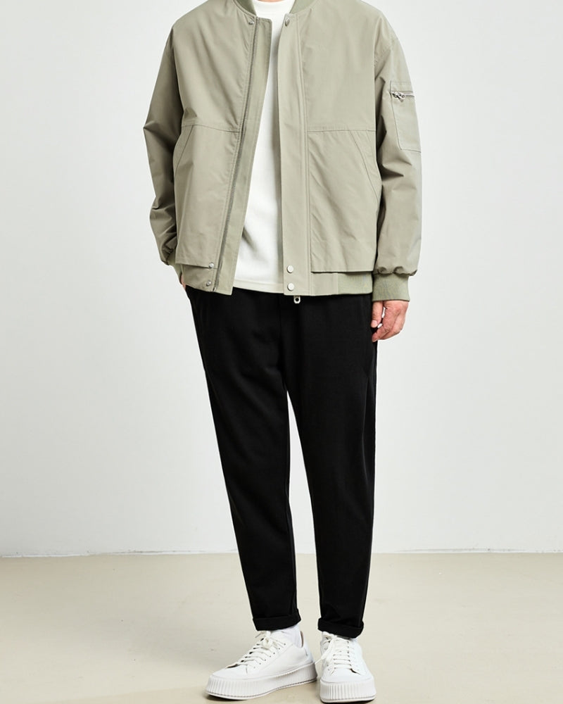 Men's Collarless Bomber Jacket with Zip Front and Sleeve Pocket