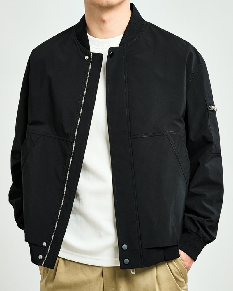 Men's Collarless Bomber Jacket with Zip Front and Sleeve Pocket - Black