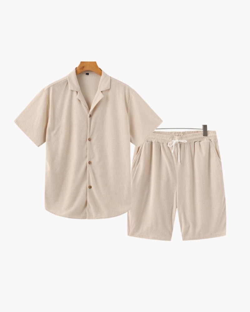 Men's Corduroy Shirt and Drawstring Shorts Set - Beige