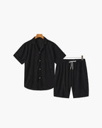 Men's Corduroy Shirt and Drawstring Shorts Set - Black