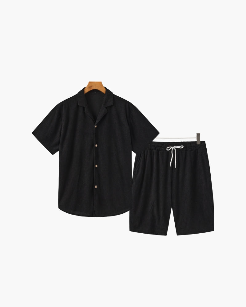 Men's Corduroy Shirt and Drawstring Shorts Set - Black