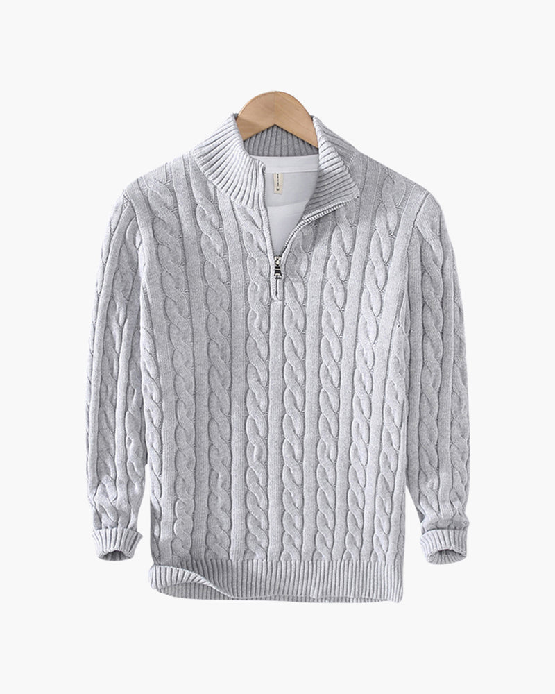 Men's Cotton Half-Zip Sweater with High Neck and Ribbed Trims - Gray