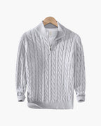 Men's Cotton Half-Zip Sweater with High Neck and Ribbed Trims - Gray