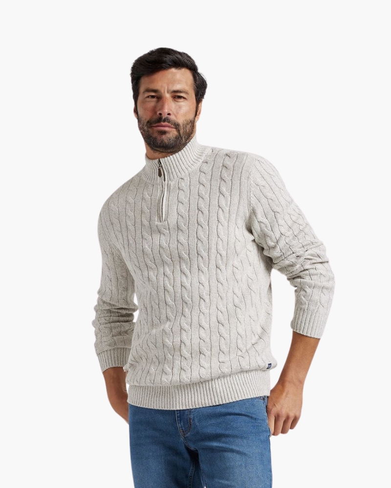 Men's Cotton Half-Zip Sweater with High Neck and Ribbed Trims