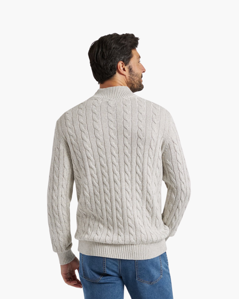 Men's Cotton Half-Zip Sweater with High Neck and Ribbed Trims