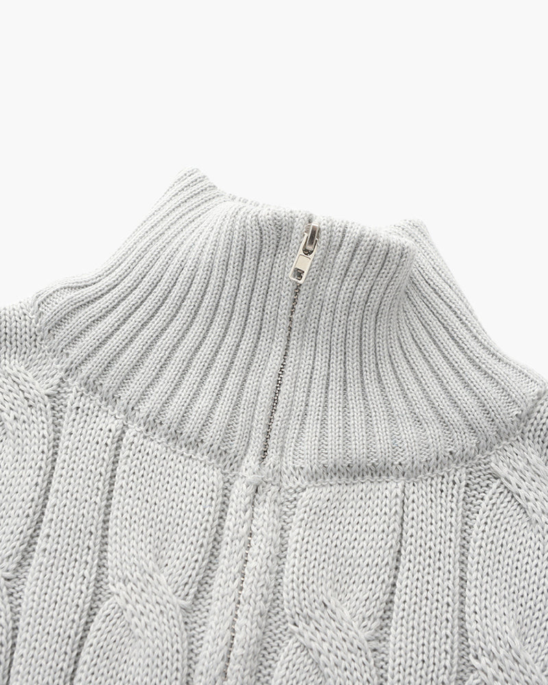 Men's Cotton Half-Zip Sweater with High Neck and Ribbed Trims