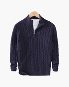 Men's Cotton Half-Zip Sweater with High Neck and Ribbed Trims - Marine Blue