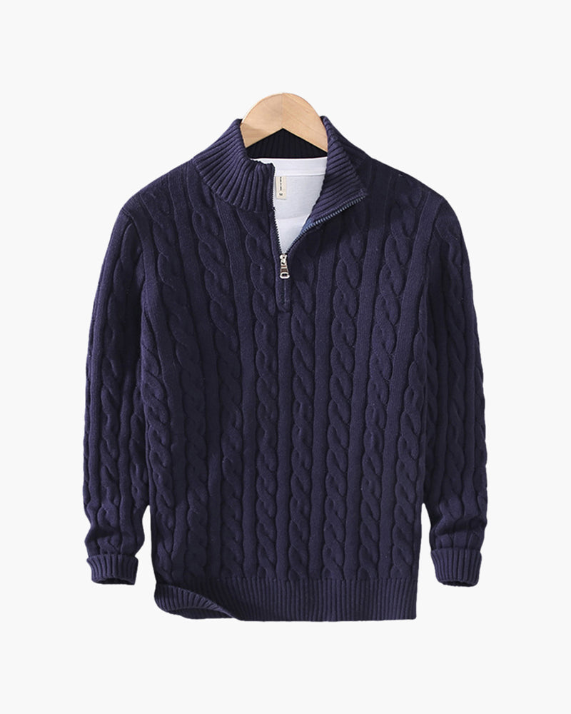 Men's Cotton Half-Zip Sweater with High Neck and Ribbed Trims - Marine Blue