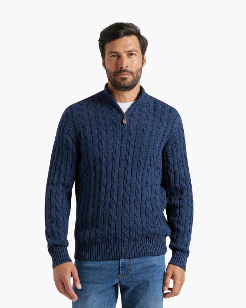 Men's Cotton Half-Zip Sweater with High Neck and Ribbed Trims