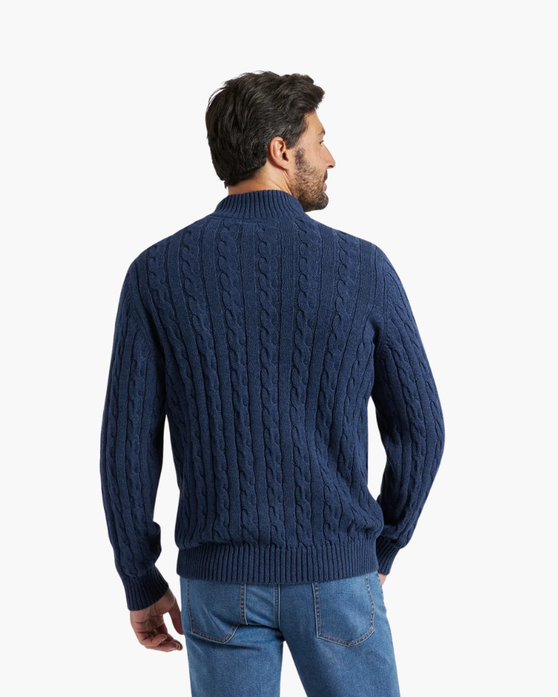 Men's Cotton Half-Zip Sweater with High Neck and Ribbed Trims
