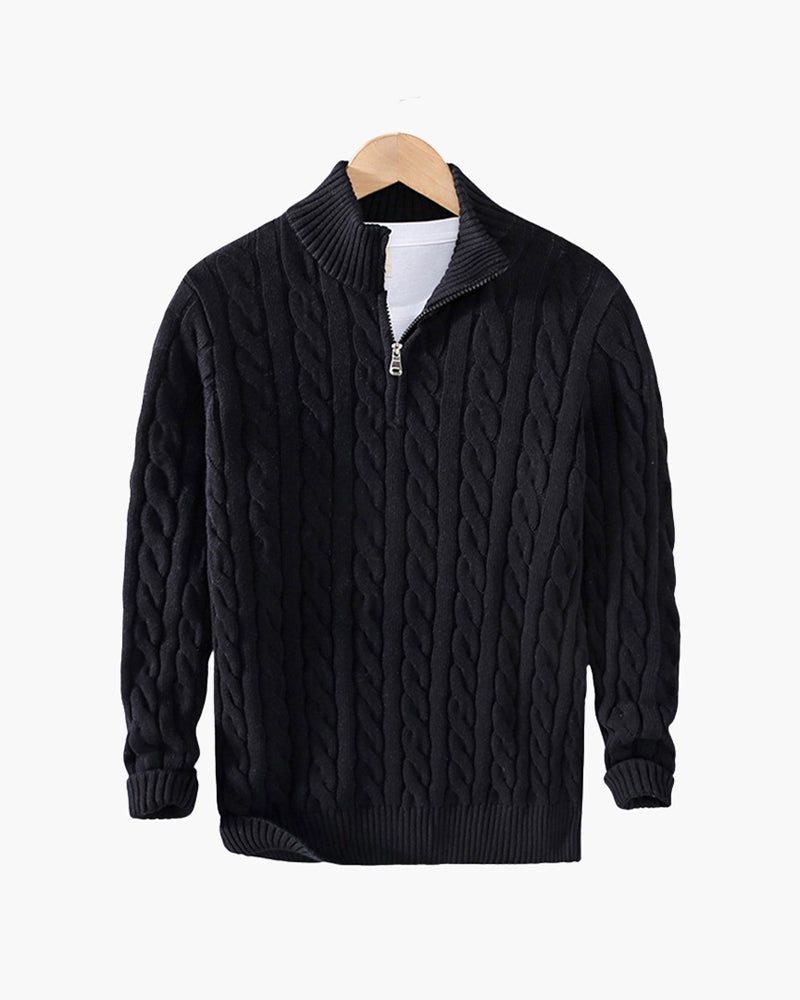 Men's Cotton Half-Zip Sweater with High Neck and Ribbed Trims - Black