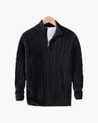 Men's Cotton Half-Zip Sweater with High Neck and Ribbed Trims - Black