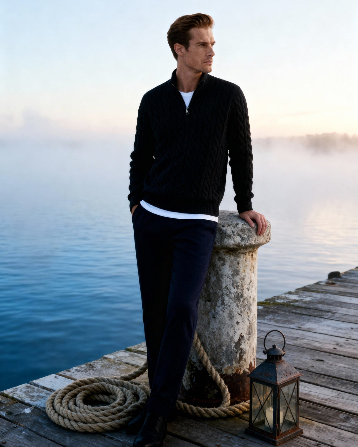 Men's Cotton Half-Zip Sweater with High Neck and Ribbed Trims
