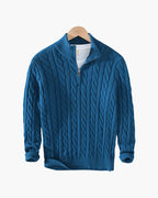Men's Cotton Half-Zip Sweater with High Neck and Ribbed Trims - Light Blue