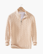Men's Cotton Half-Zip Sweater with High Neck and Ribbed Trims