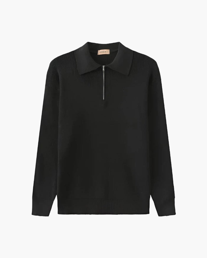 Men's Cotton Knit Half-Zip Sweater with Ribbed Collar - Dark Gray