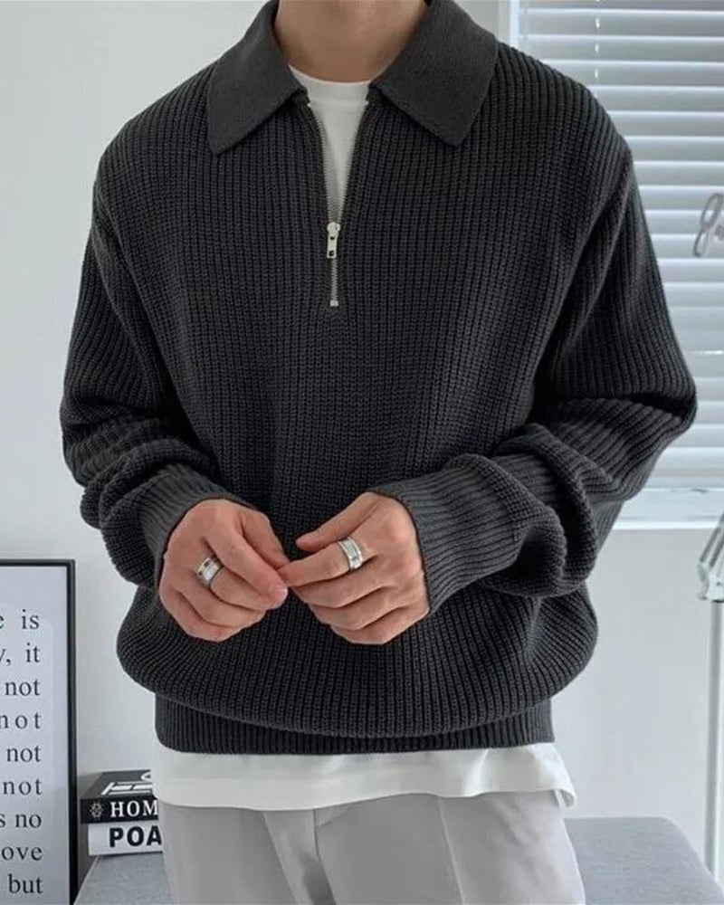 Men's Cotton Knit Half-Zip Sweater with Ribbed Collar