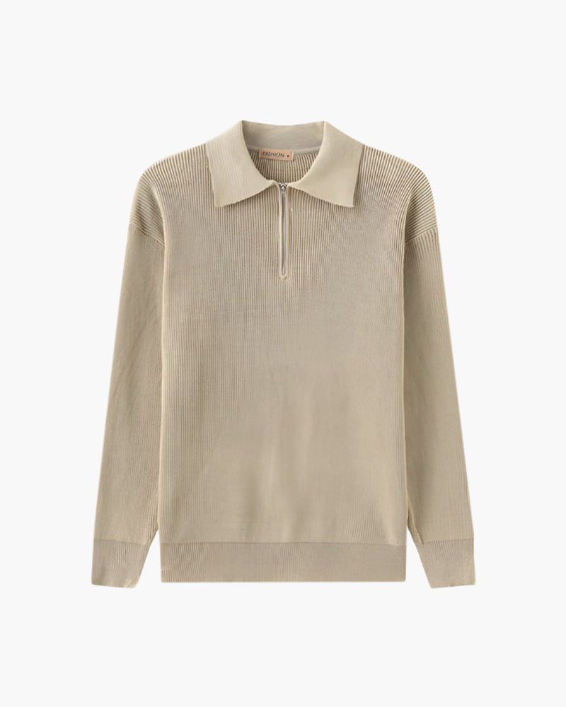 Men's Cotton Knit Half-Zip Sweater with Ribbed Collar - Nude