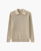 Men's Cotton Knit Half-Zip Sweater with Ribbed Collar - Nude