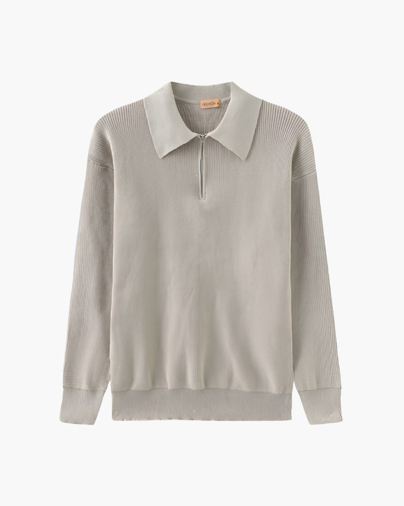 Men's Cotton Knit Half-Zip Sweater with Ribbed Collar - Light Gray