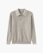 Men's Cotton Knit Half-Zip Sweater with Ribbed Collar - Light Gray