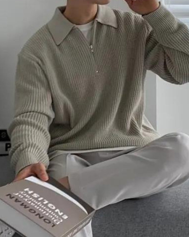 Men's Cotton Knit Half-Zip Sweater with Ribbed Collar
