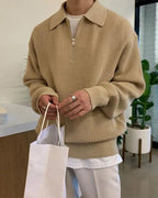 Men's Cotton Knit Half-Zip Sweater with Ribbed Collar