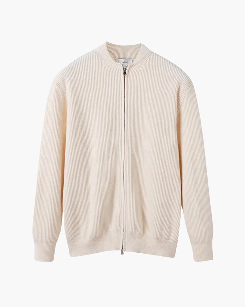 Men's Cotton Zip Cardigan with Ribbed Knit and Stand Collar - Nude