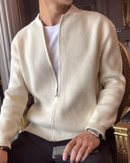 Men's Cotton Zip Cardigan with Ribbed Knit and Stand Collar