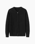 Men's Cotton Zip Cardigan with Ribbed Knit and Stand Collar - Black