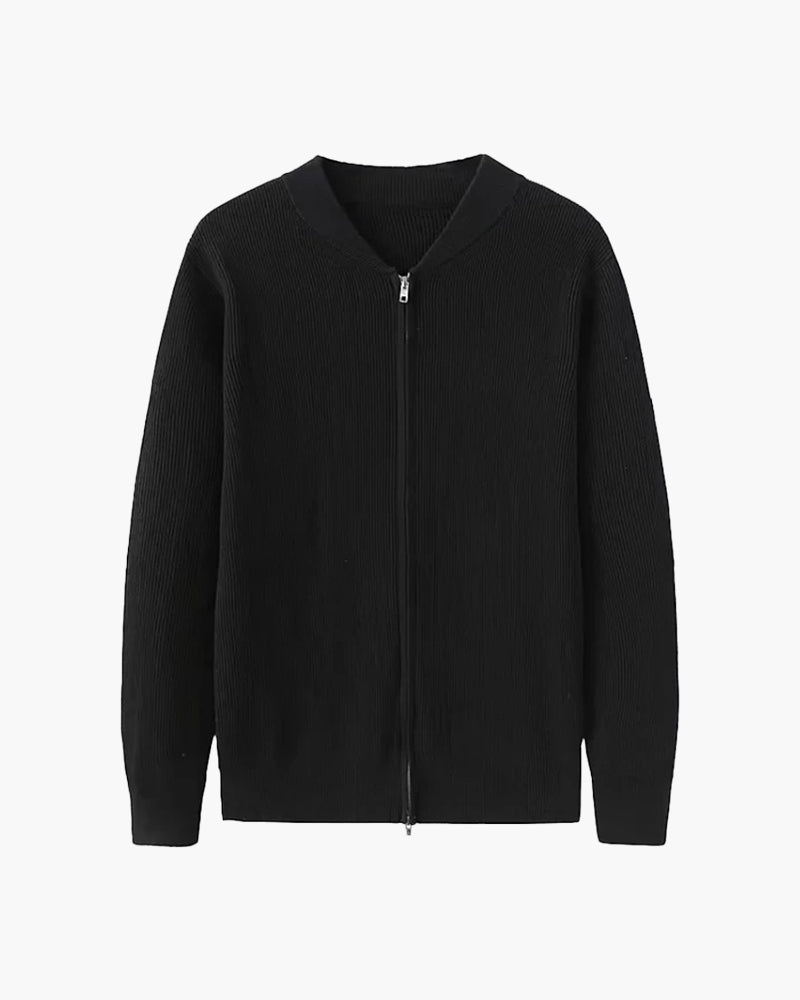 Men's Cotton Zip Cardigan with Ribbed Knit and Stand Collar - Black