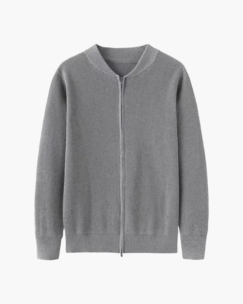 Men's Cotton Zip Cardigan with Ribbed Knit and Stand Collar - Gray