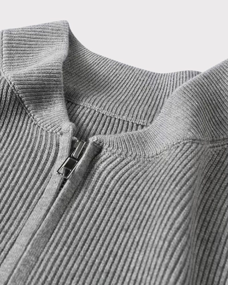 Men's Cotton Zip Cardigan with Ribbed Knit and Stand Collar
