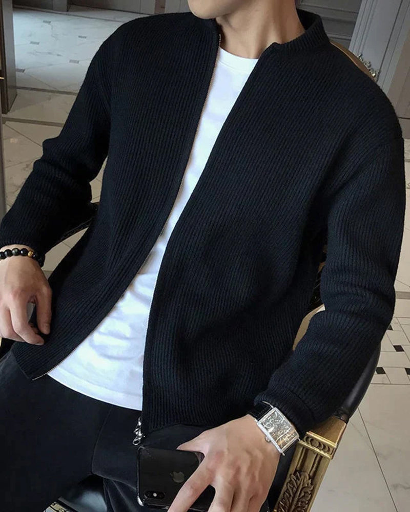 Men's Cotton Zip Cardigan with Ribbed Knit and Stand Collar