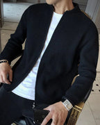 Men's Cotton Zip Cardigan with Ribbed Knit and Stand Collar