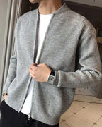 Men's Cotton Zip Cardigan with Ribbed Knit and Stand Collar