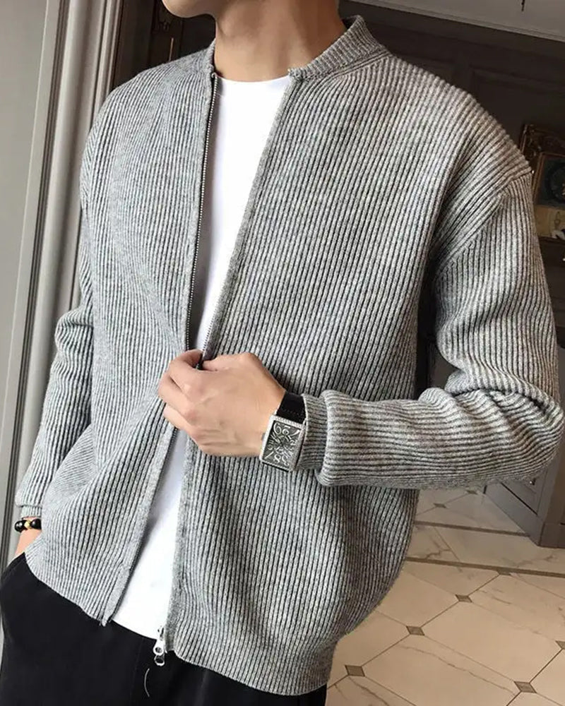 Men's Cotton Zip Cardigan with Ribbed Knit and Stand Collar
