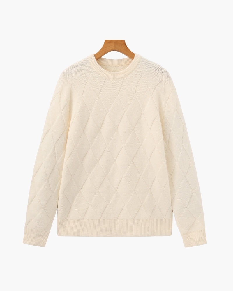 Men's Diamond Knit Crew Neck Sweater with Ribbed Cuffs - Beige