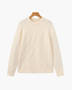 Men's Diamond Knit Crew Neck Sweater with Ribbed Cuffs - Beige