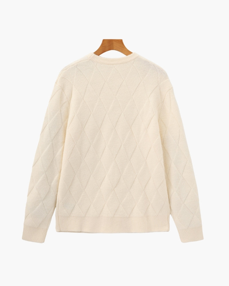 Men's Diamond Knit Crew Neck Sweater with Ribbed Cuffs