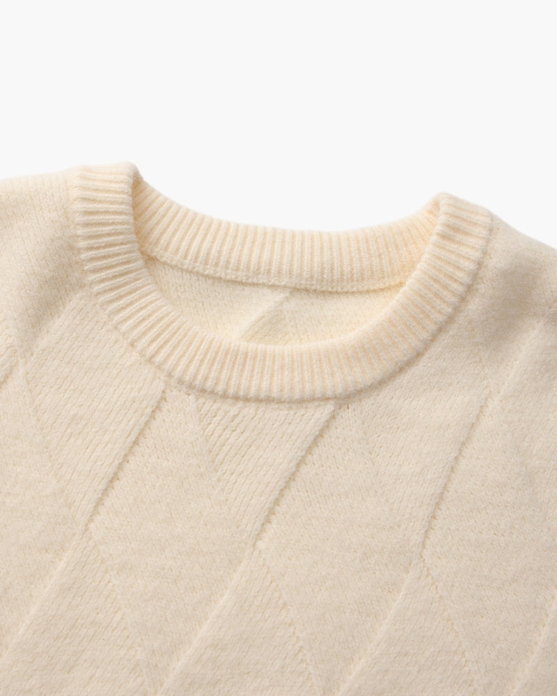 Men's Diamond Knit Crew Neck Sweater with Ribbed Cuffs